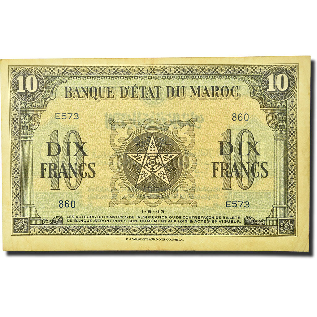 Banknote, Morocco, 10 Francs, 1943, 1943-08-01, KM:25a, EF(40-45)