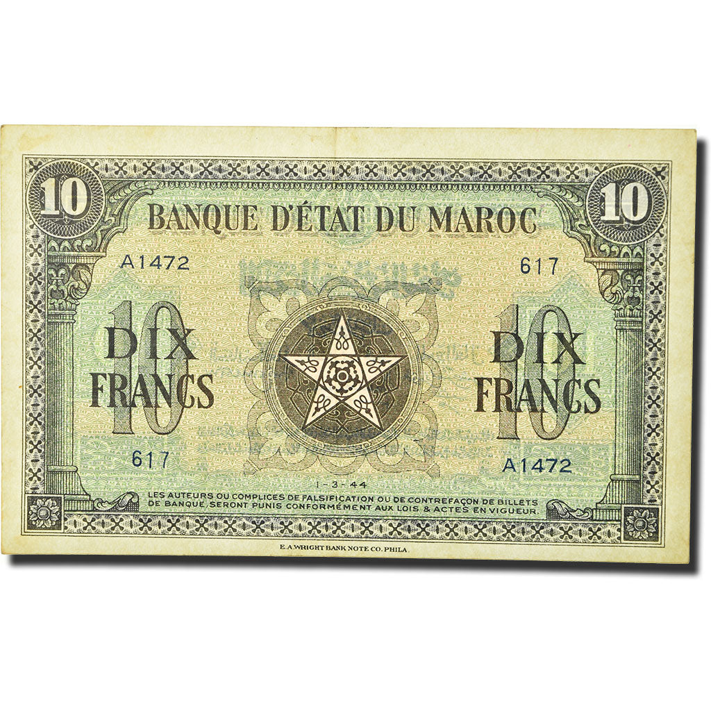 Banknote, Morocco, 10 Francs, 1944, 1944-03-01, KM:25a, EF(40-45)