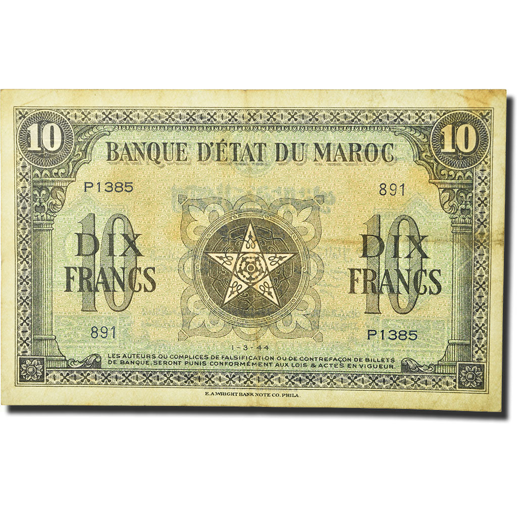 Banknote, Morocco, 10 Francs, 1944, 1944-03-01, KM:25a, EF(40-45)