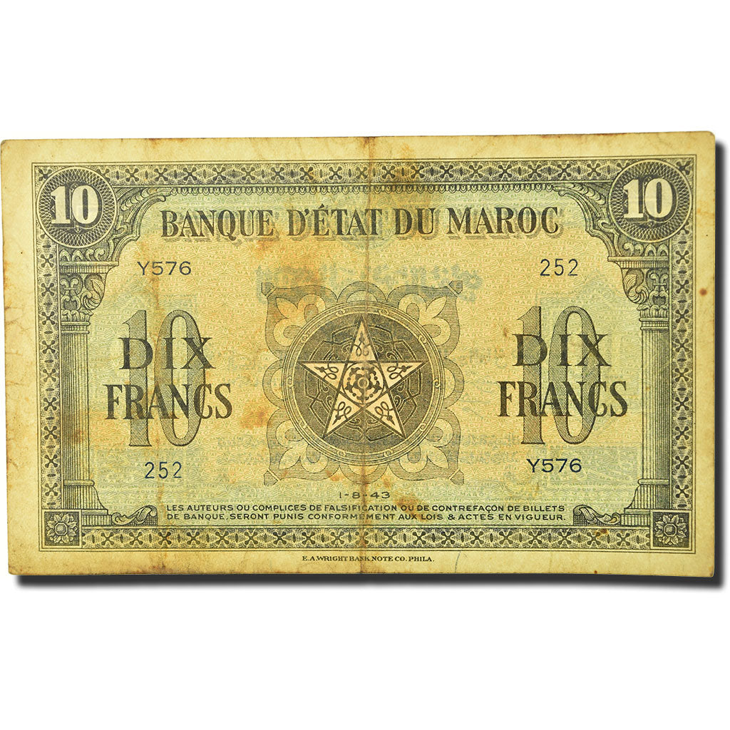 Banknote, Morocco, 10 Francs, 1943, 1943-08-01, KM:25a, VF(30-35)