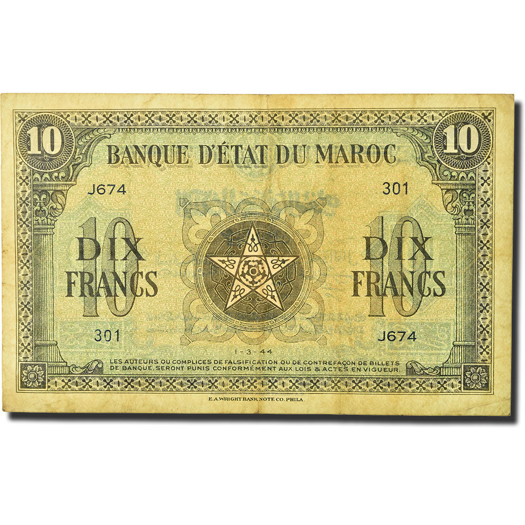 Banknote, Morocco, 10 Francs, 1944, 1944-03-01, KM:25a, VF(30-35)