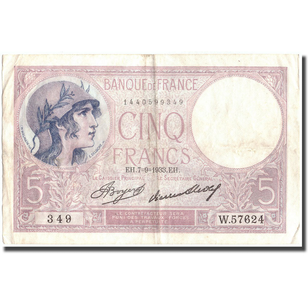 Francja, 5 Francs, 5 F 1917-1940 ''Violet'', 1933, 1933-09-07, EF(40-45)