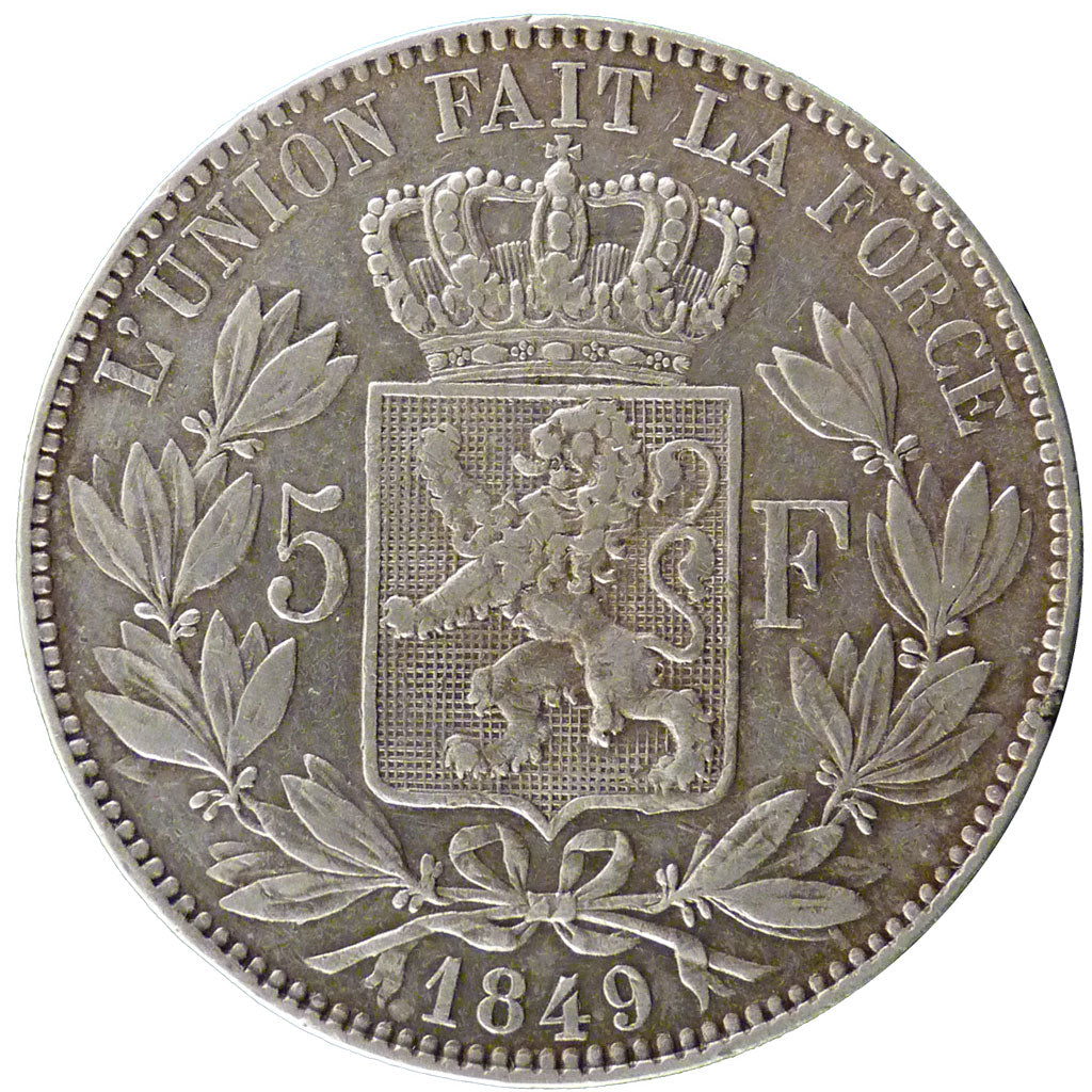 BELGIUM, 5 Francs, 5 Frank, 1849, KM #17, EF(40-45), Silver, 24.80
