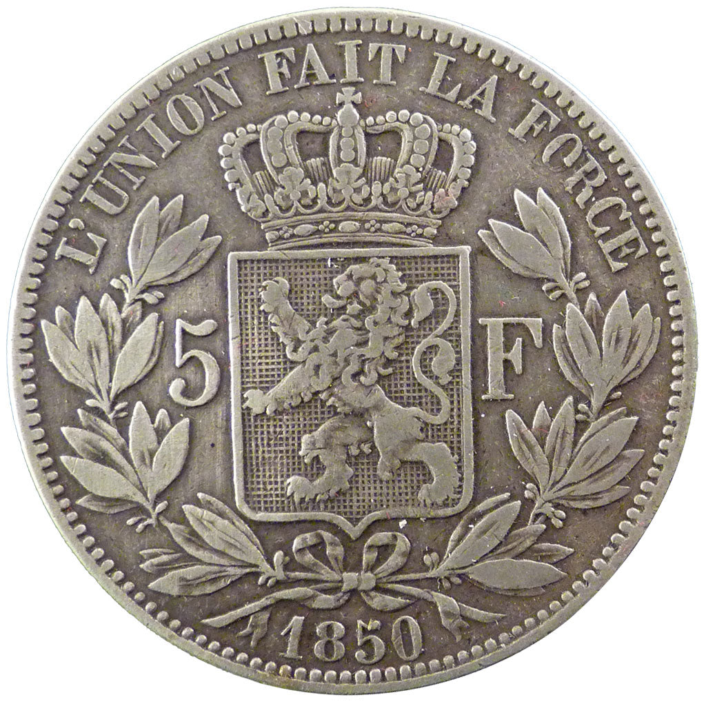 BELGIUM, 5 Francs, 5 Frank, 1850, KM #17, VF(30-35), Silver, 24.70