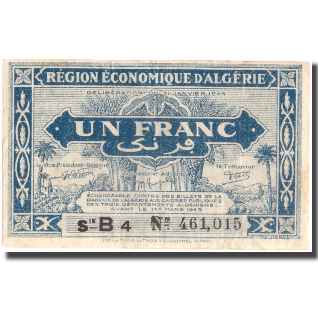 Banknote, Algeria, 1 Franc, 1944, 1944-01-31, KM:101, AU(50-53)