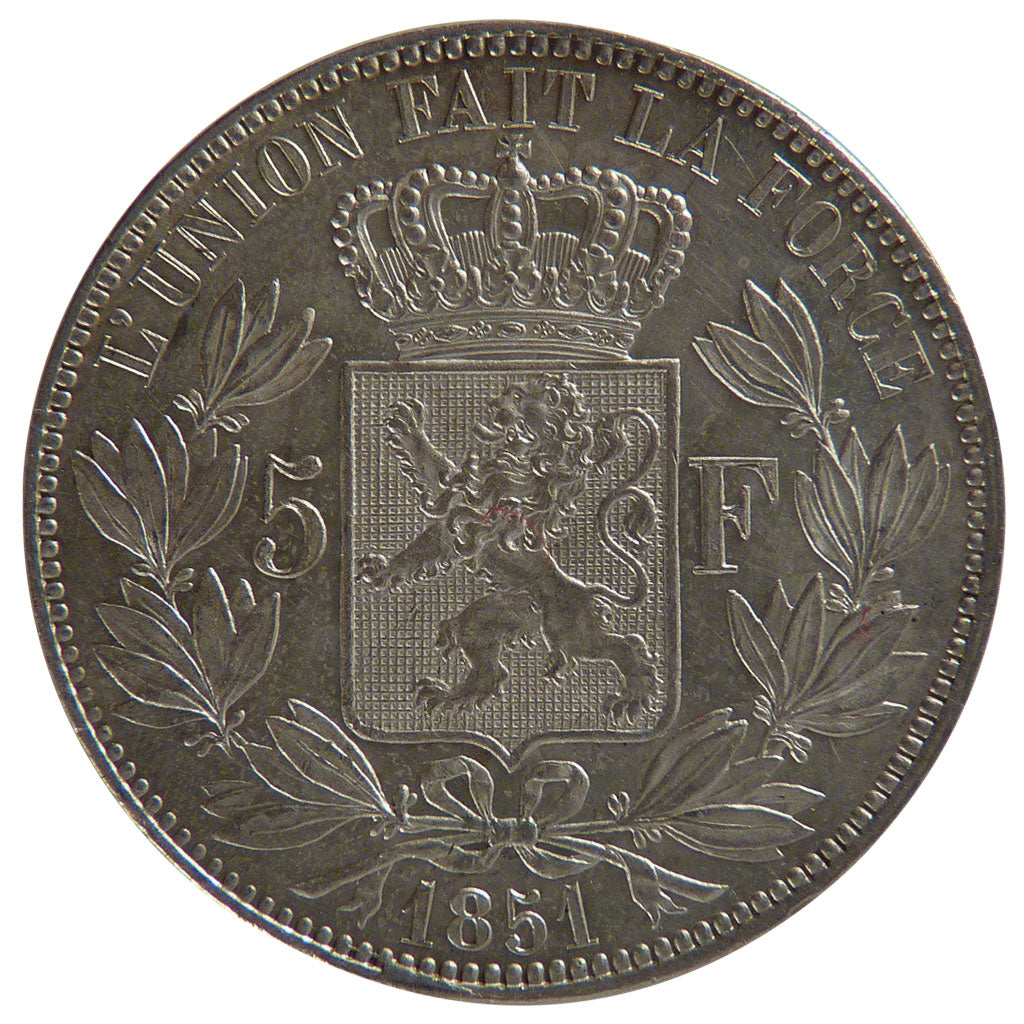 BELGIUM, 5 Francs, 5 Frank, 1851, KM #17, AU(55-58), Silver, 24.90