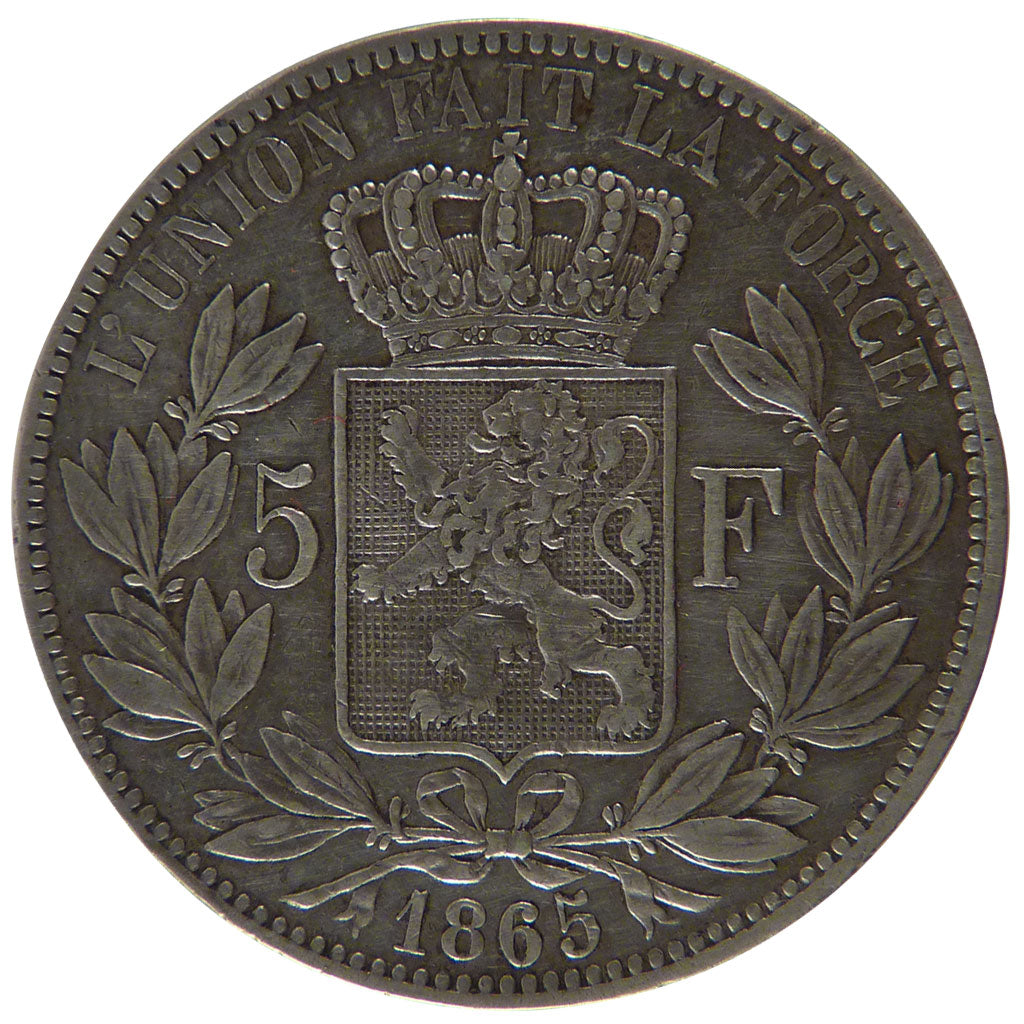 Belgium, 5 Francs, 1865, EF(40-45), Silver, 24.90
