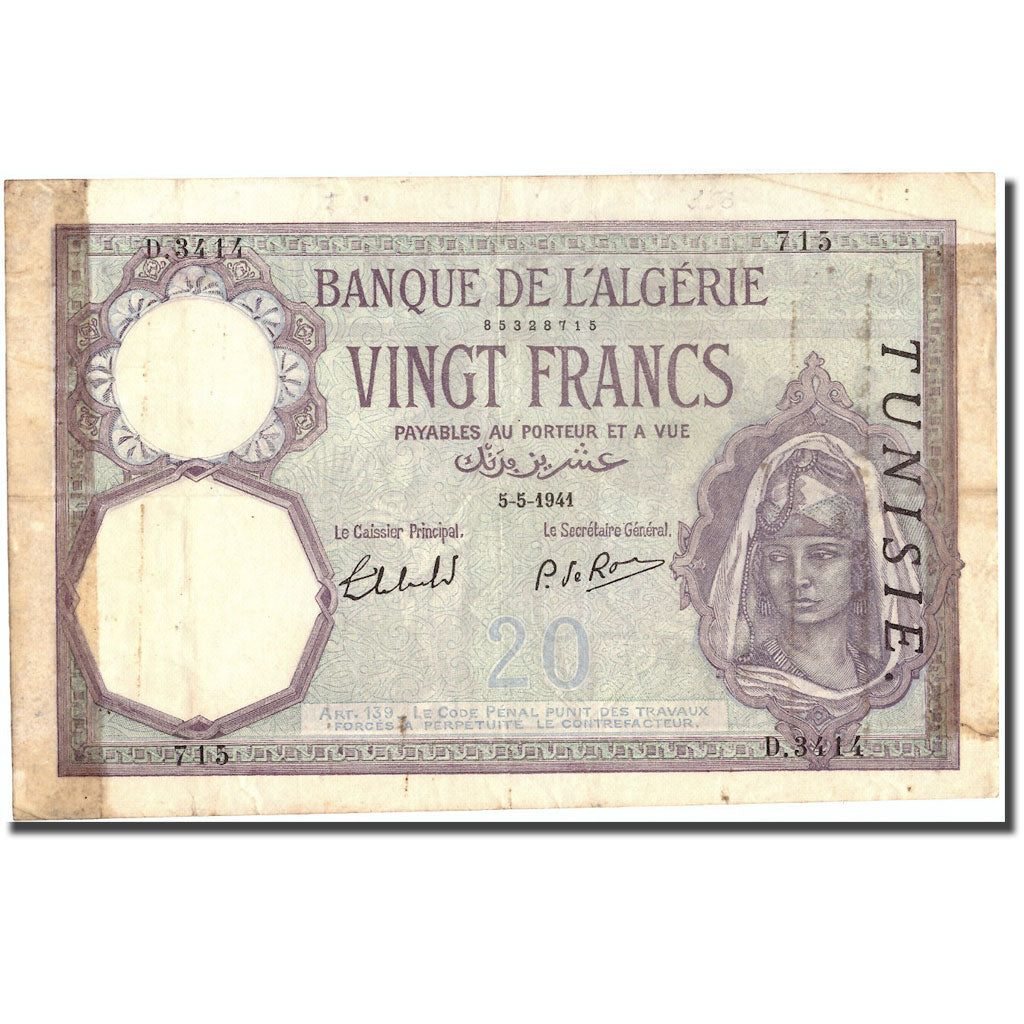 Banknote, Tunisia, 20 Francs, 1941, 1941-05-05, KM:6b, VF(30-35)
