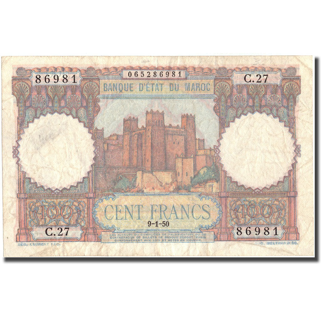 Banconote, Marocco, 100 Francs, 1950, 1950-01-09, KM:45, MB+