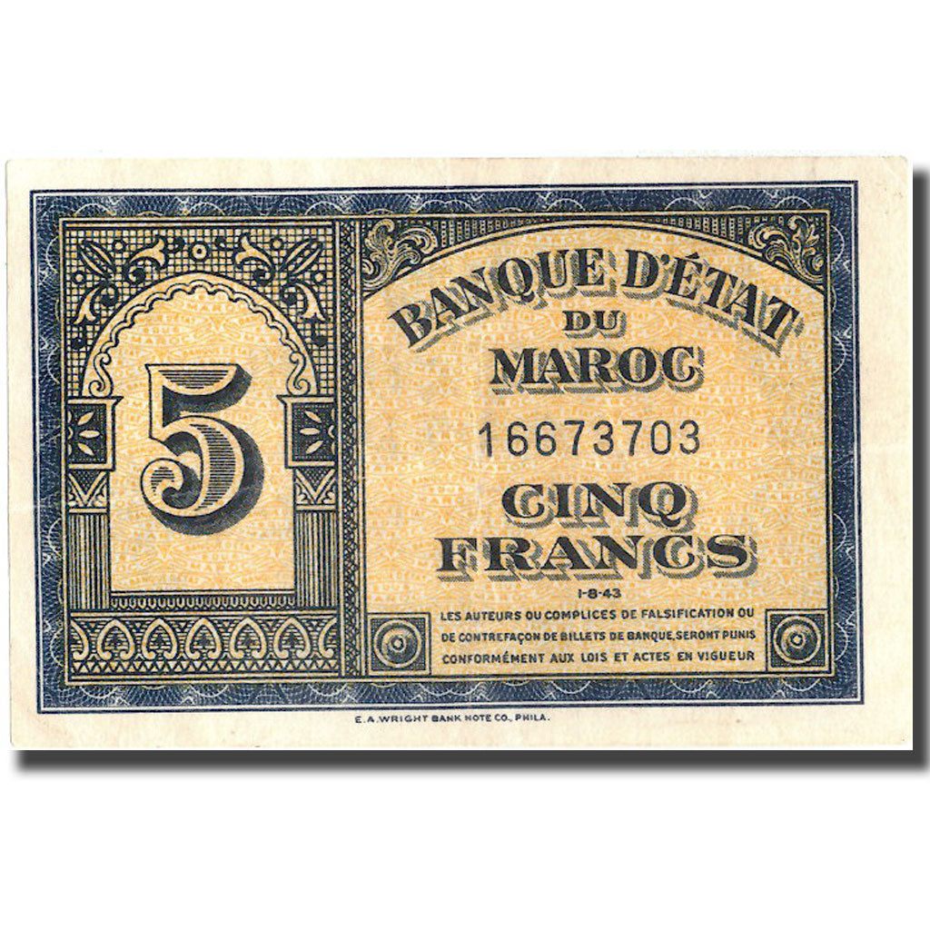 Banknote, Morocco, 5 Francs, 1943, 1943-08-01, KM:24, EF(40-45)