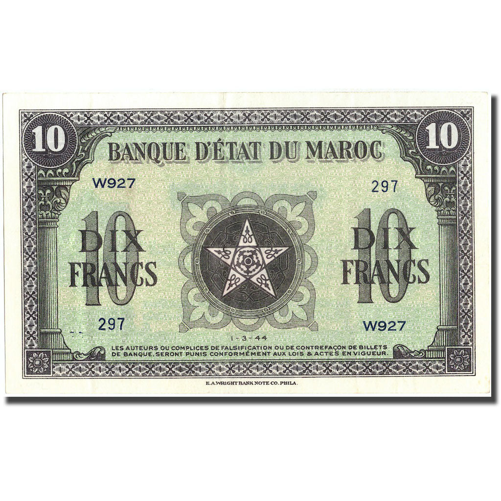 Banknote, Morocco, 10 Francs, 1944, 1944-03-01, KM:25a, AU(50-53)