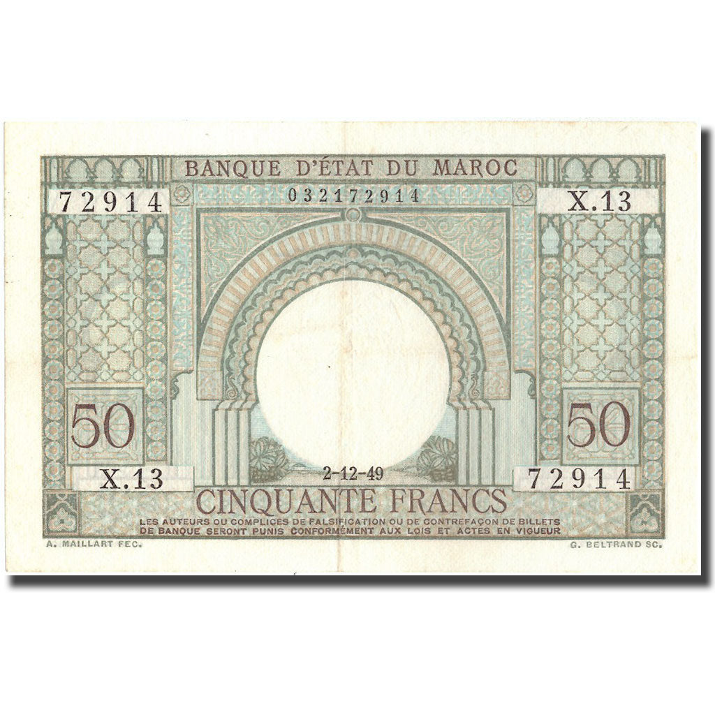 Banknote, Morocco, 50 Francs, 1949, 1949-12-02, KM:44, AU(55-58)
