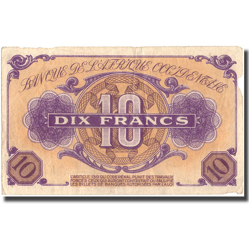 Banknote, French West Africa, 10 Francs, 1943, 1943-01-02, KM:29, VF(20-25)