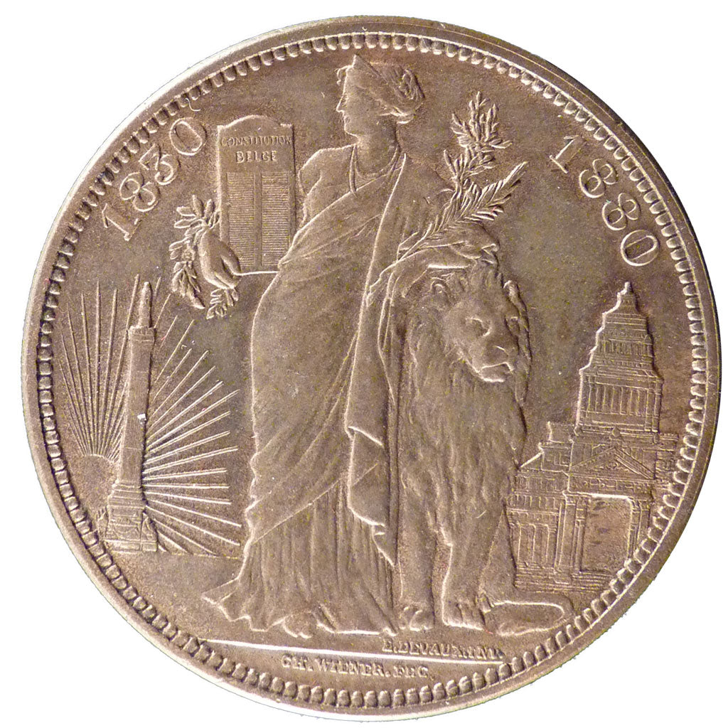 Belgium, 5 Francs, 1880, KM #M 9a, MS(60-62), Copper, 25.00