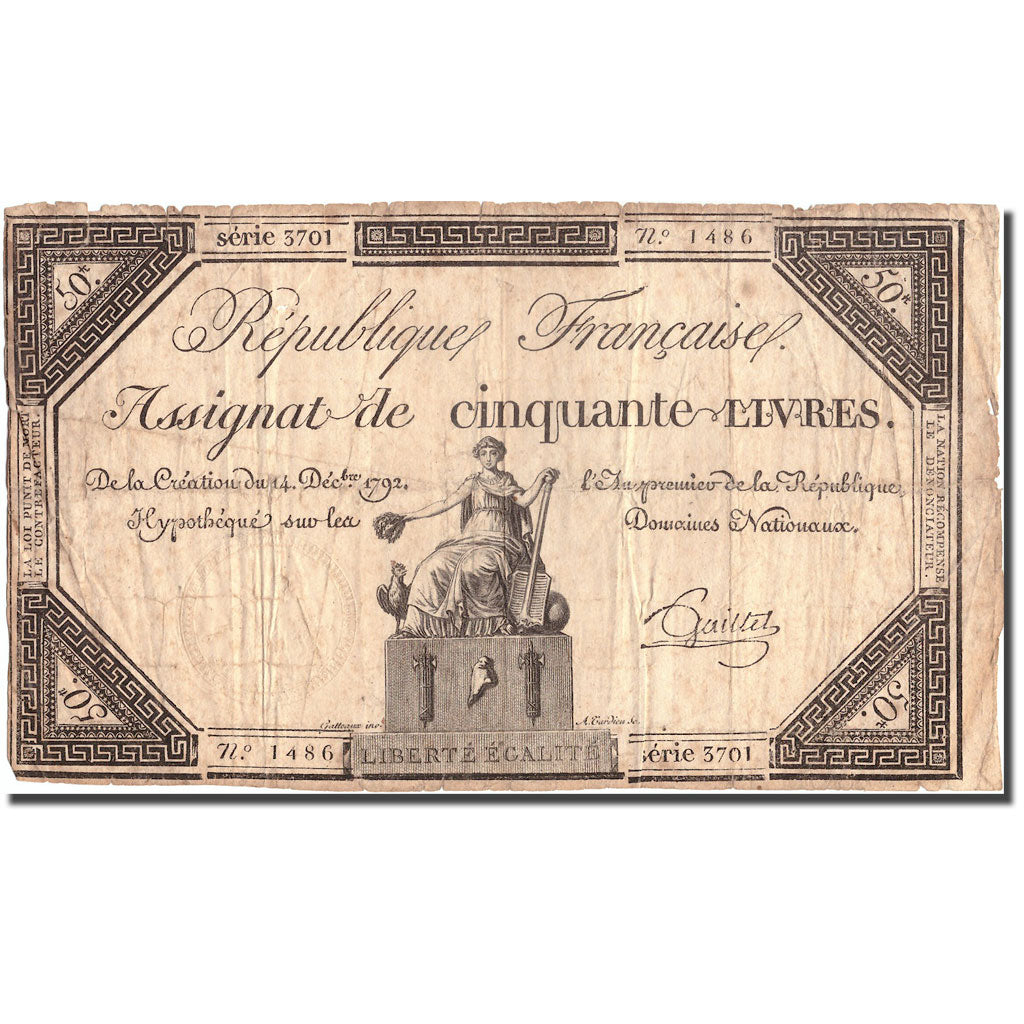 France, 50 Livres, 1792, Fouquet, 1792-12-14, TB+, KM:A72