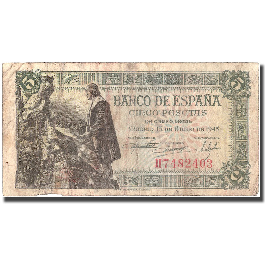 Banknote, Spain, 5 Pesetas, 1945, 1945-06-15, KM:129a, VF(20-25)
