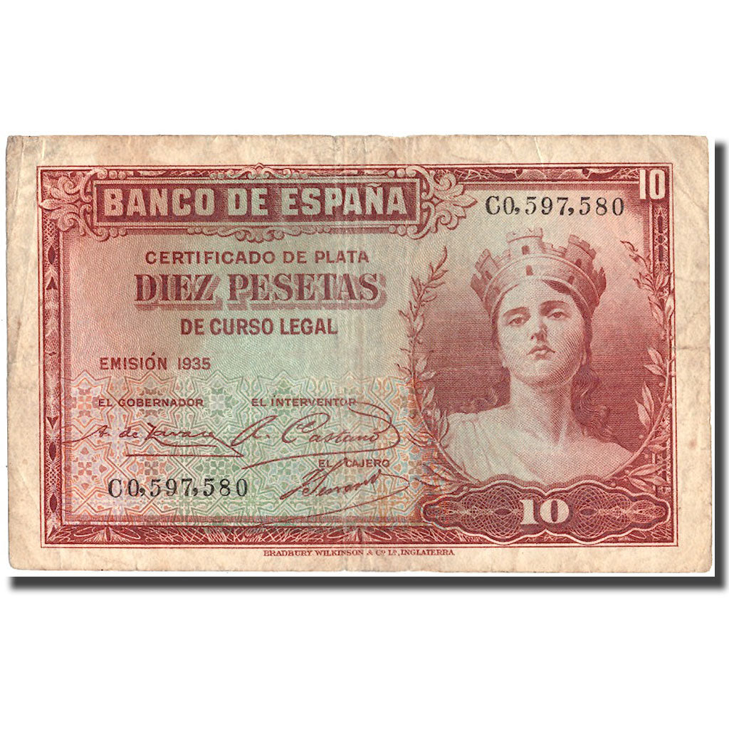 Banknote, Spain, 10 Pesetas, 1935, 1935, KM:86a, VF(20-25)