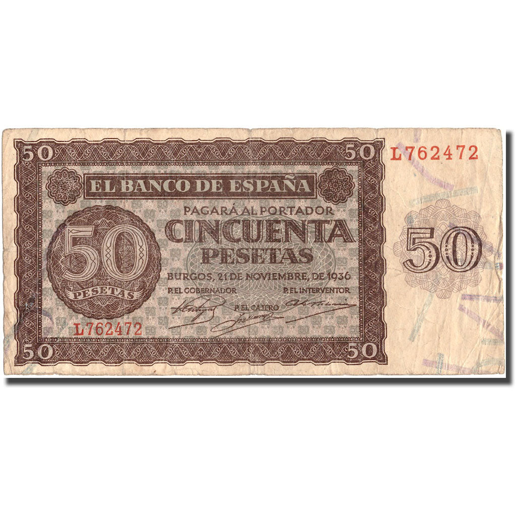 Banknote, Spain, 50 Pesetas, 1936, 1936-11-21, KM:100a, F(12-15)