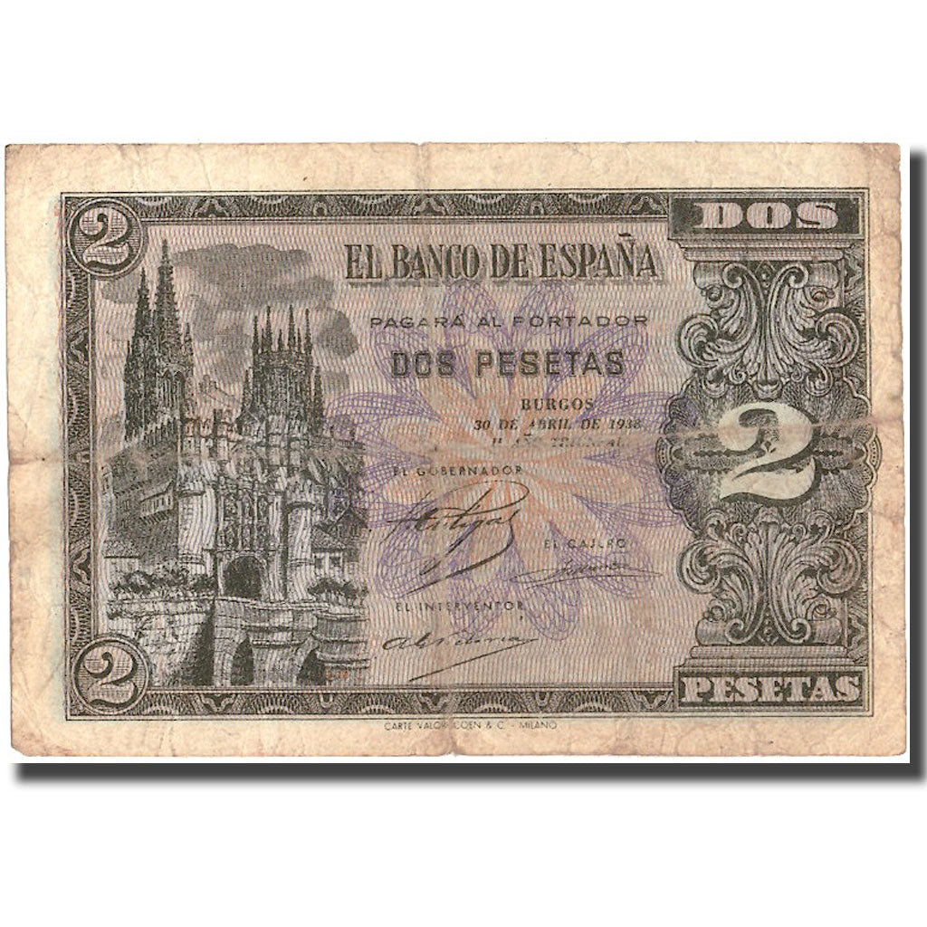 Banconote, Spagna, 2 Pesetas, 1938, 1938-04-30, KM:109a, BB