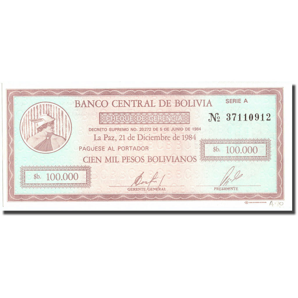 Billete, 100,000 Pesos Bolivianos, 1984, Bolivia, 1984-12-21, KM:188, UNC