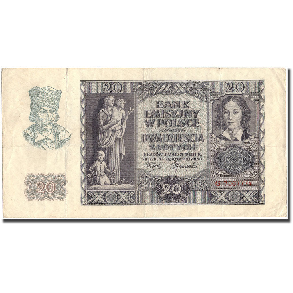Banknote, Poland, 20 Zlotych, 1940, 1940-03-01, KM:95, EF(40-45)