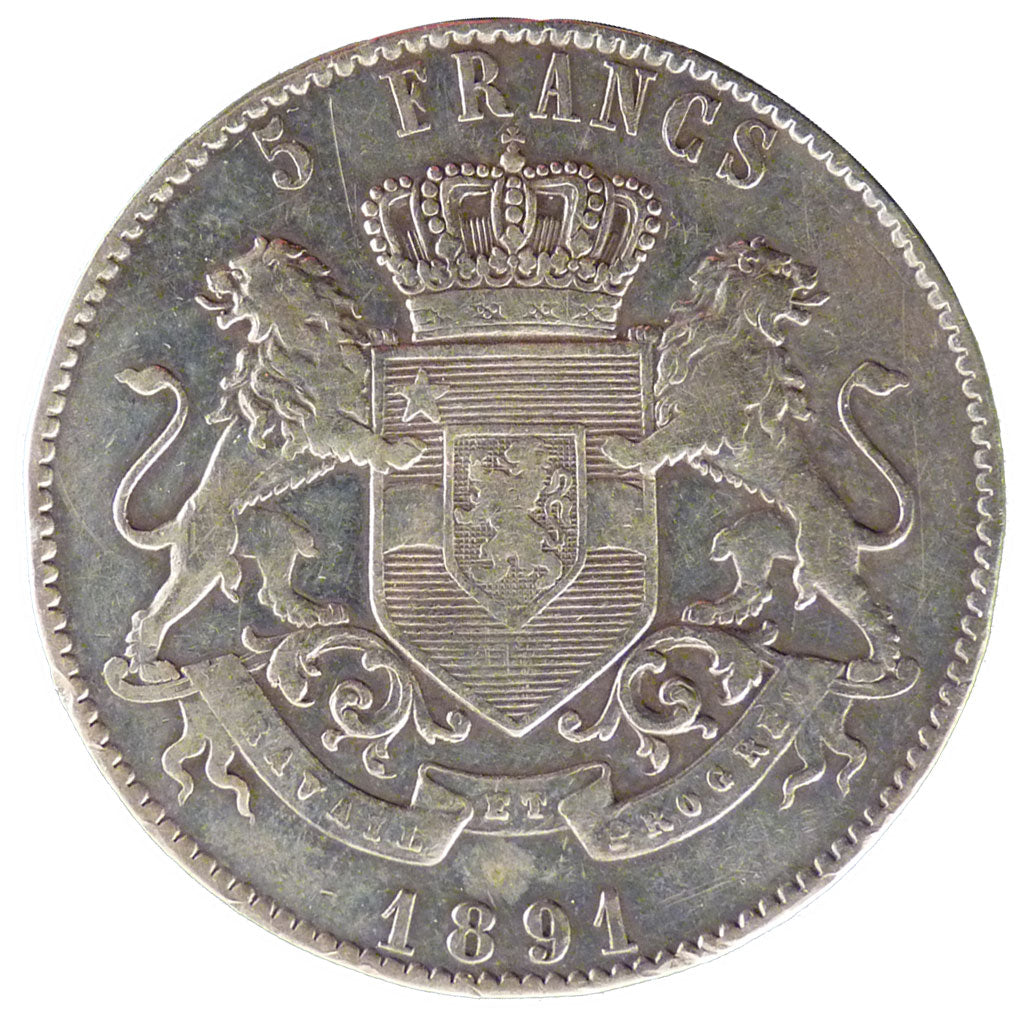 Belgian Congo, 5 Francs, 1891, KM #8.1, VF(30-35), Silver, 24.70
