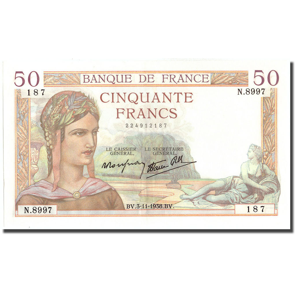 France, 50 Francs, Cérès, 1938, 1938-11-03, UNC(63), Fayette:18.18, KM:85b
