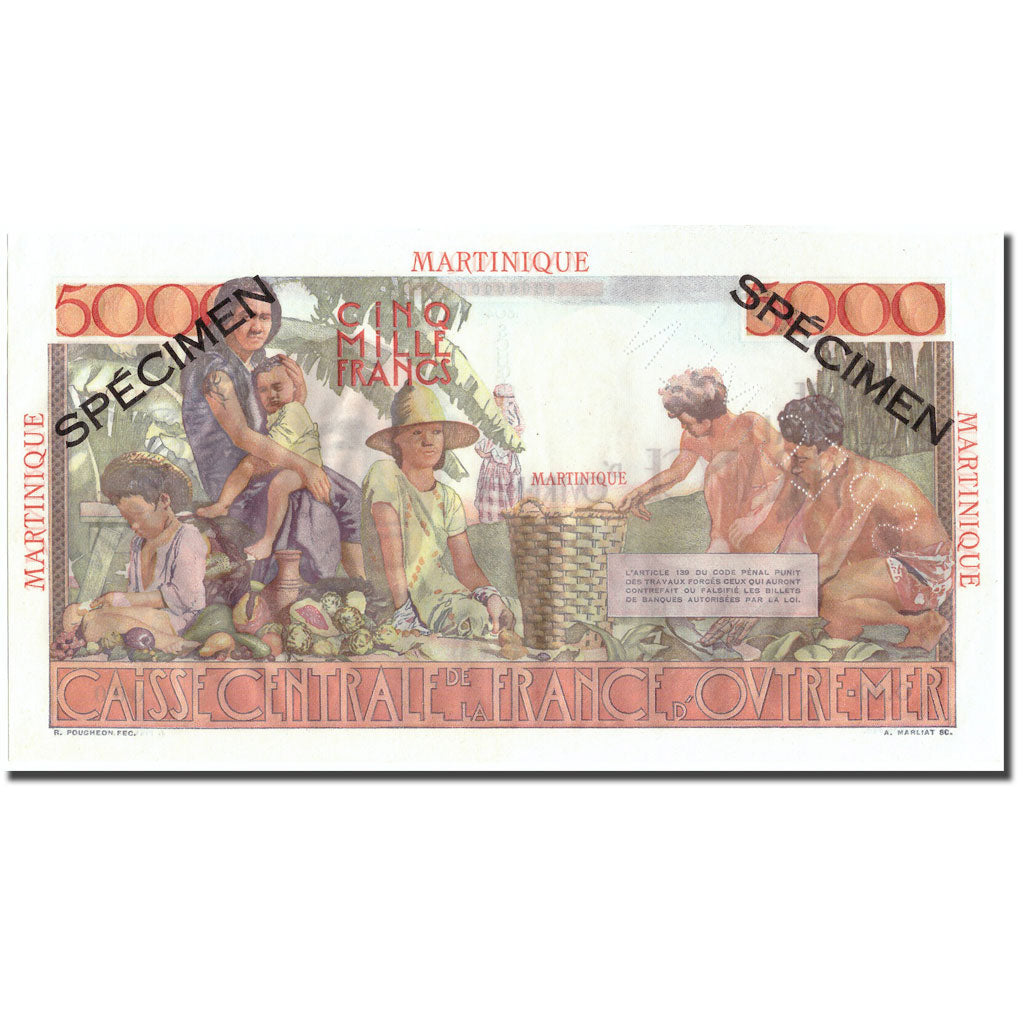 Banknote, Martinique, 5000 Francs, Undated (1952), Specimen, KM:34s, UNC(65-70)