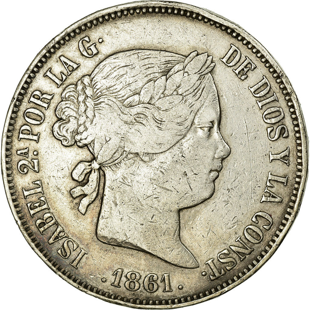 España, Isabel II, 20 Réales, 1861, Madrid, Plata, BC+, KM:609.2