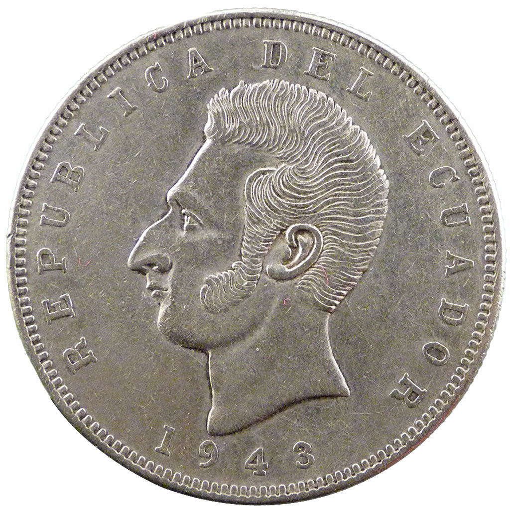 Ecuador, 5 Sucres, 1943, Mexico, KM #79, AU(55-58), Silver, 24.90