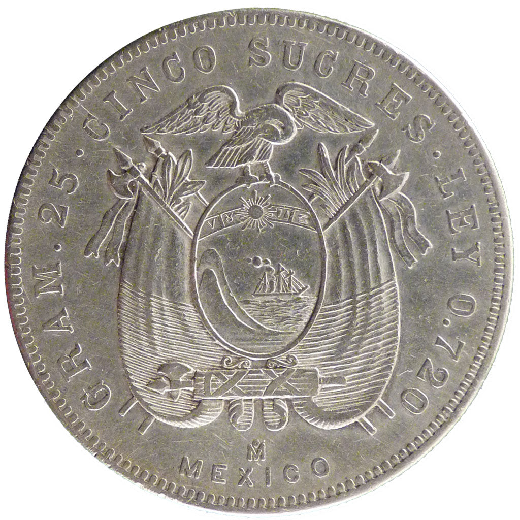 Ecuador, 5 Sucres, 1943, Mexico, KM #79, AU(55-58), Silver, 24.90