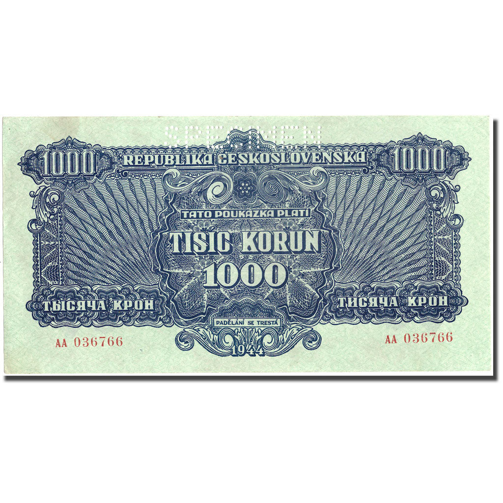 Banknote, Czechoslovakia, 1000 Korun, 1944, 1944, Specimen, KM:57s, UNC(60-62)