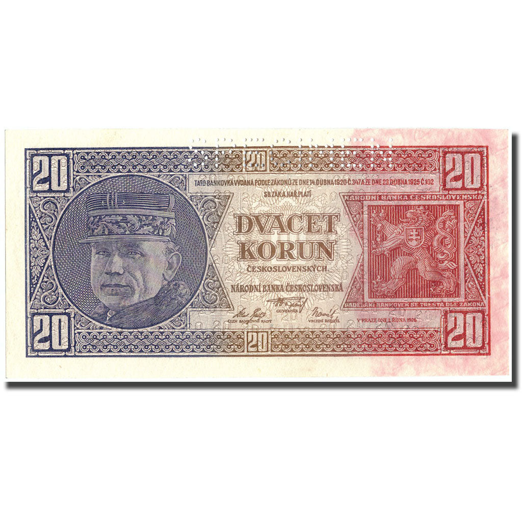 Banknot, Czechosłowacja, 20 Korun, 1926, 1926, KM:21s, UNC(60-62)