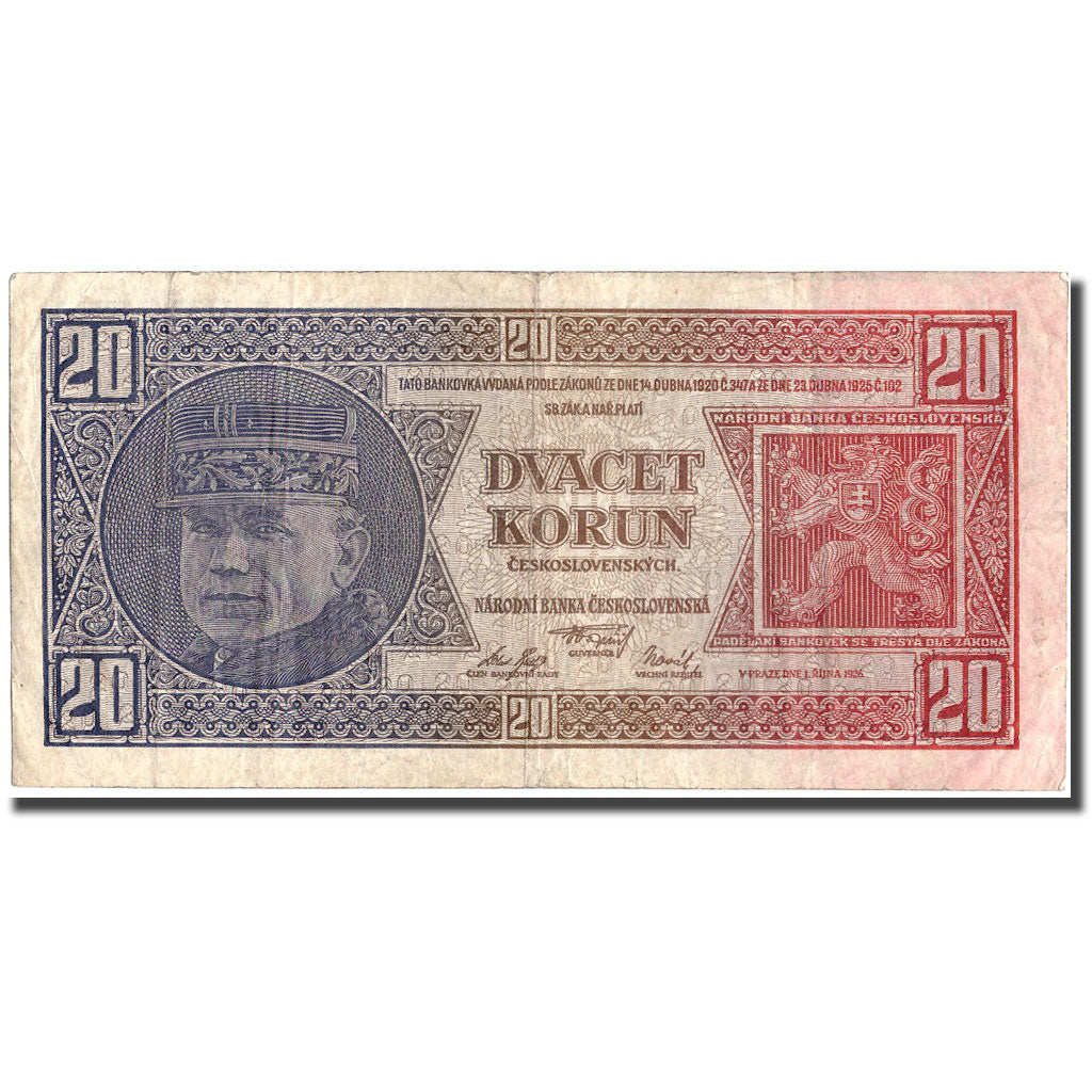 Banknote, Czechoslovakia, 20 Korun, 1926, 1926, KM:21a, VF(30-35)