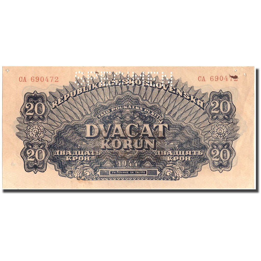 Banknote, Czechoslovakia, 20 Korun, 1944, 1944, Specimen, KM:47s, AU(50-53)
