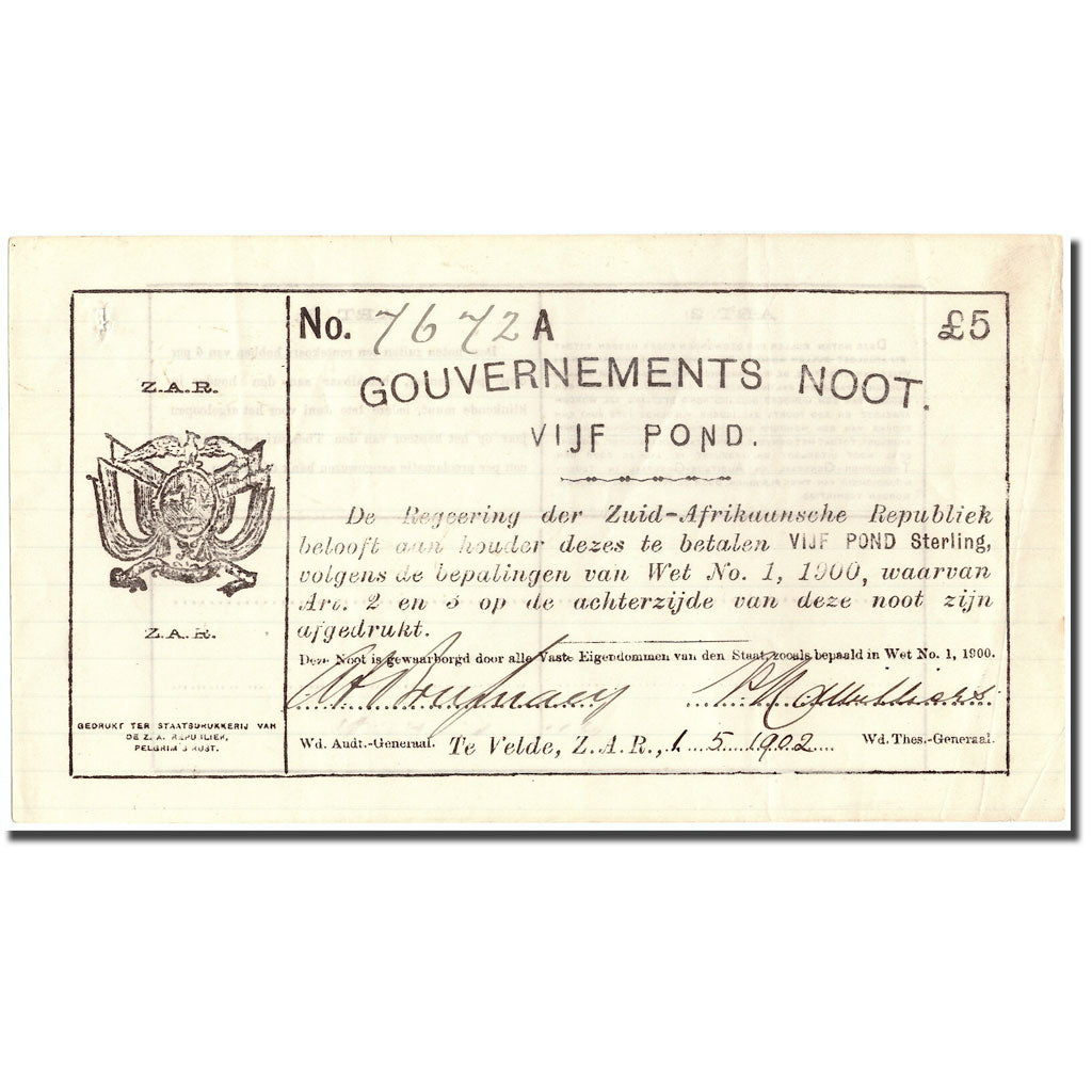Banknote, South Africa, 5 Pounds, 1902, 1902-05-01, AU(50-53)