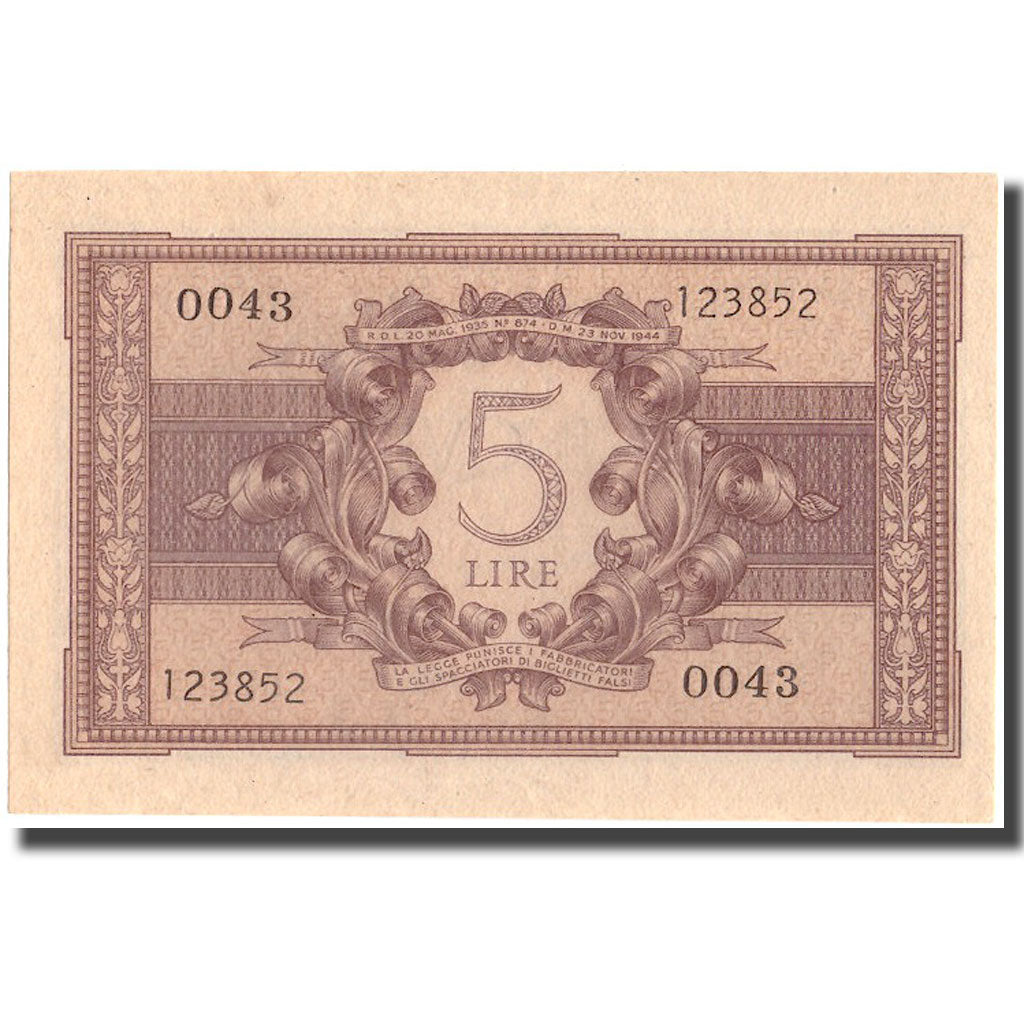 Banknote, Italy, 5 Lire, 1944, 1944-11-23, KM:31a, UNC(63)