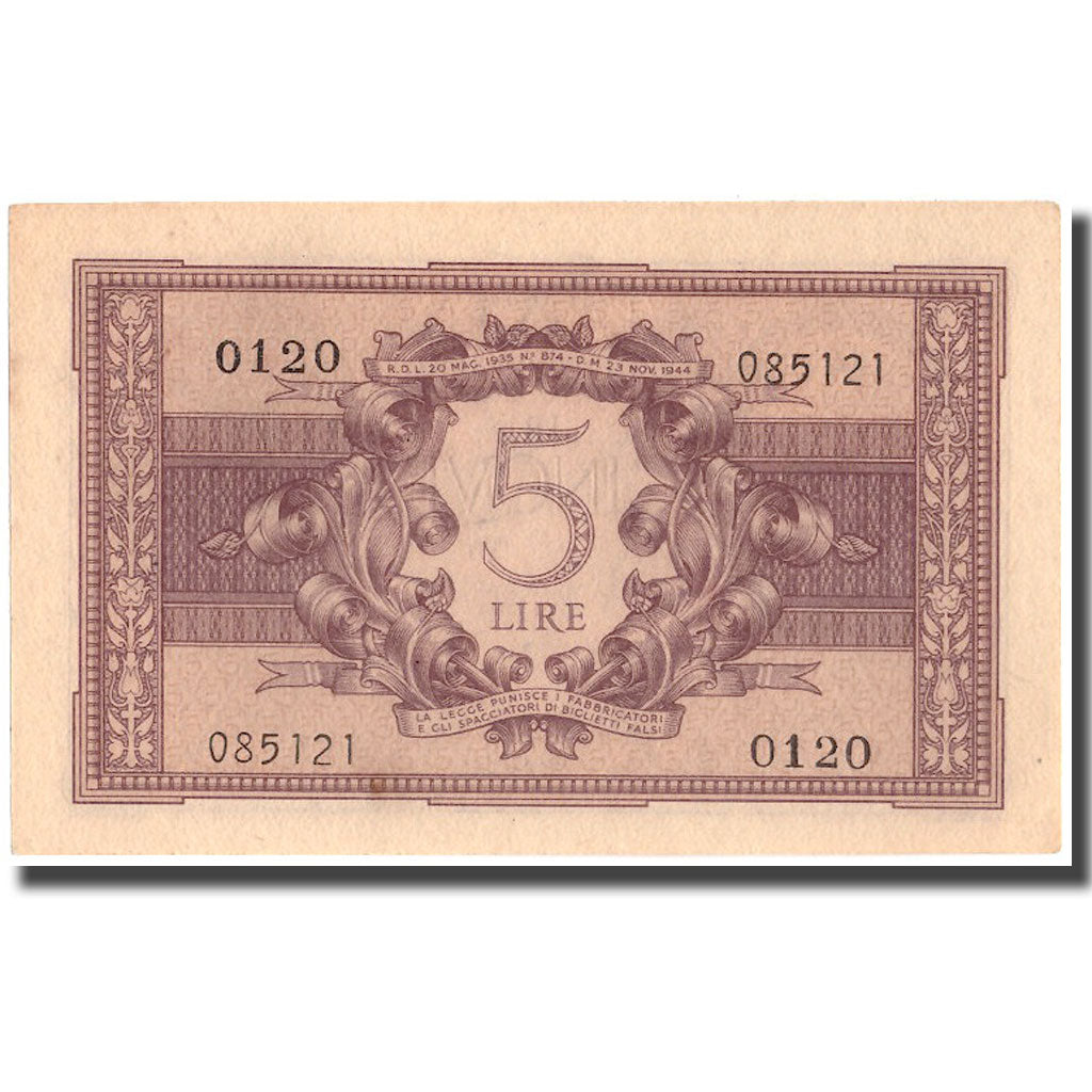 Banknote, Italy, 5 Lire, 1944, 1944-11-23, KM:31a, UNC(63)