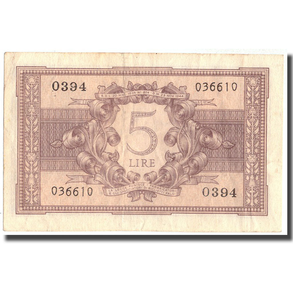 Nota, Itália, 5 Lire, 1944, 1944-11-23, KM:31b, AU(50-53)