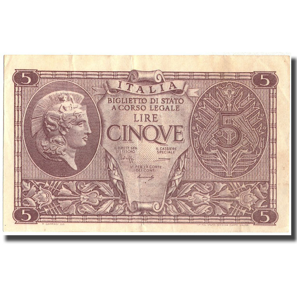Banknote, Italy, 5 Lire, 1944, 1944-11-23, KM:31b, AU(50-53)