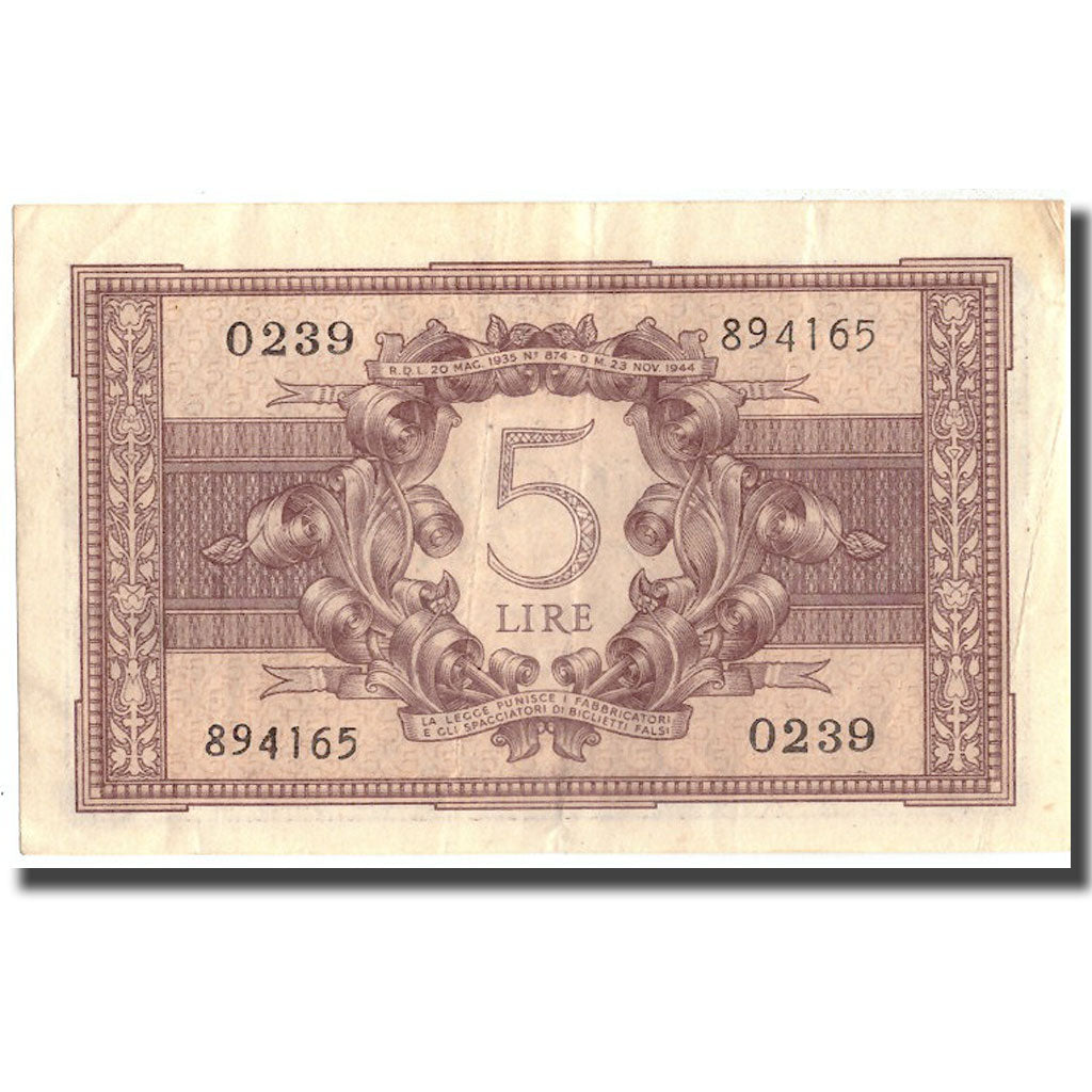 Banknote, Italy, 5 Lire, 1944, 1944-11-23, KM:31b, AU(50-53)