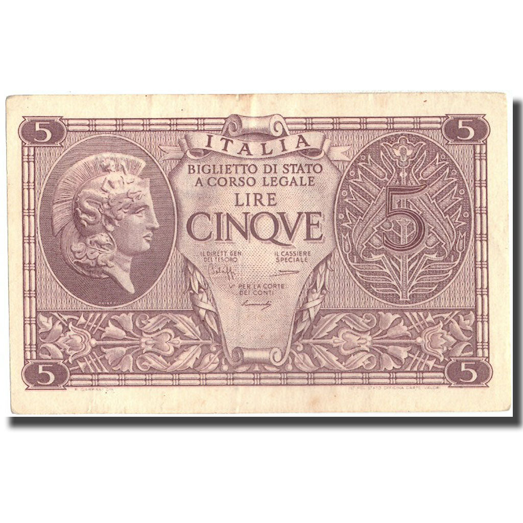 Banknote, Italy, 5 Lire, 1944, 1944-11-23, KM:31b, AU(55-58)