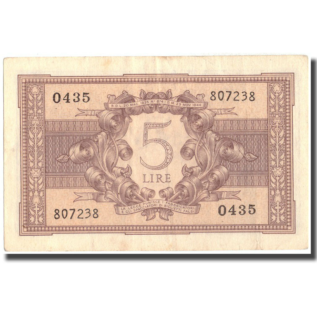 Banknote, Italy, 5 Lire, 1944, 1944-11-23, KM:31b, AU(55-58)