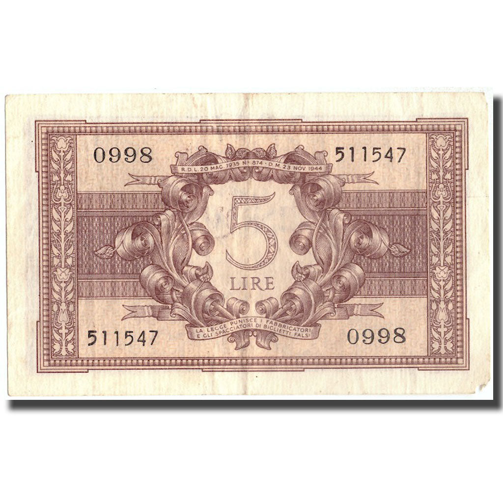 Banknote, Italy, 5 Lire, 1944, 1944-11-23, KM:31c, EF(40-45)