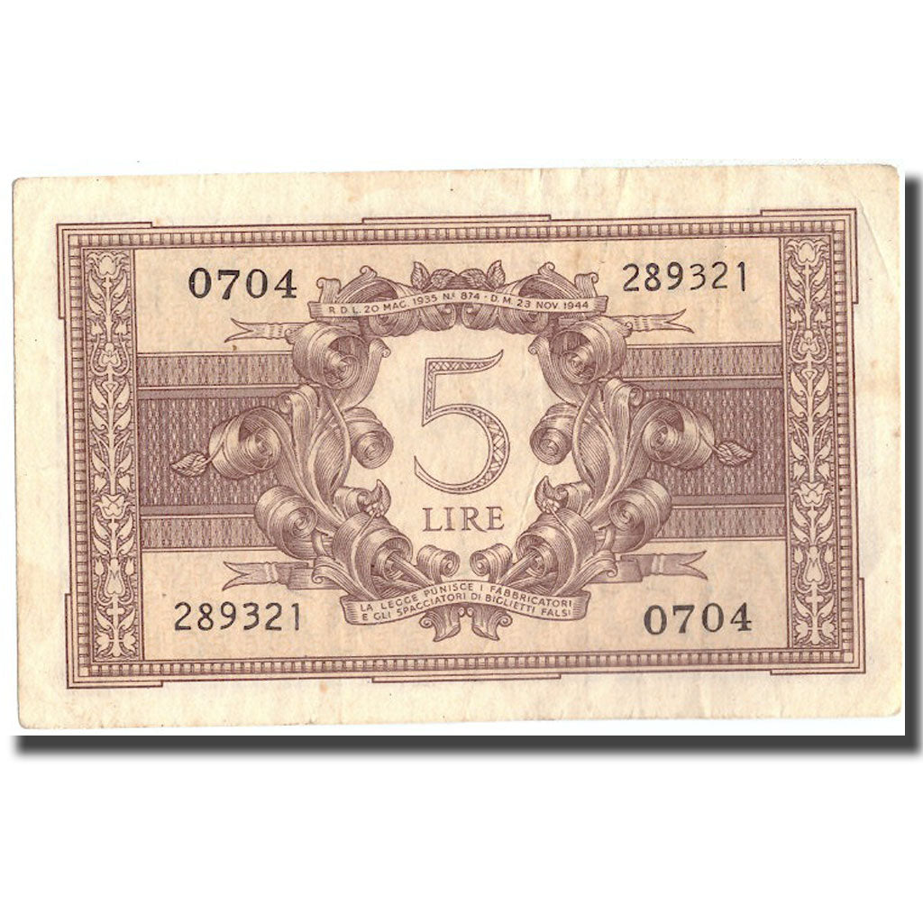 Banknote, Italy, 5 Lire, 1944, 1944-11-23, KM:31c, EF(40-45)