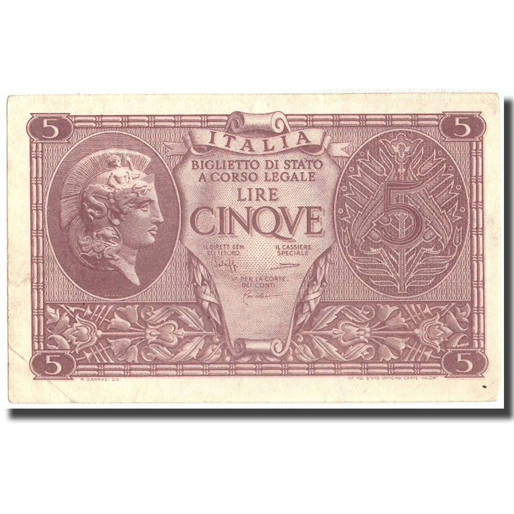 Nota, Itália, 5 Lire, 1944, 1944-11-23, KM:31c, AU(50-53)