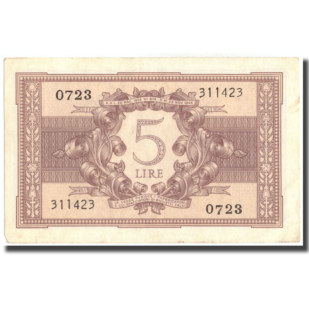 Nota, Itália, 5 Lire, 1944, 1944-11-23, KM:31c, AU(50-53)