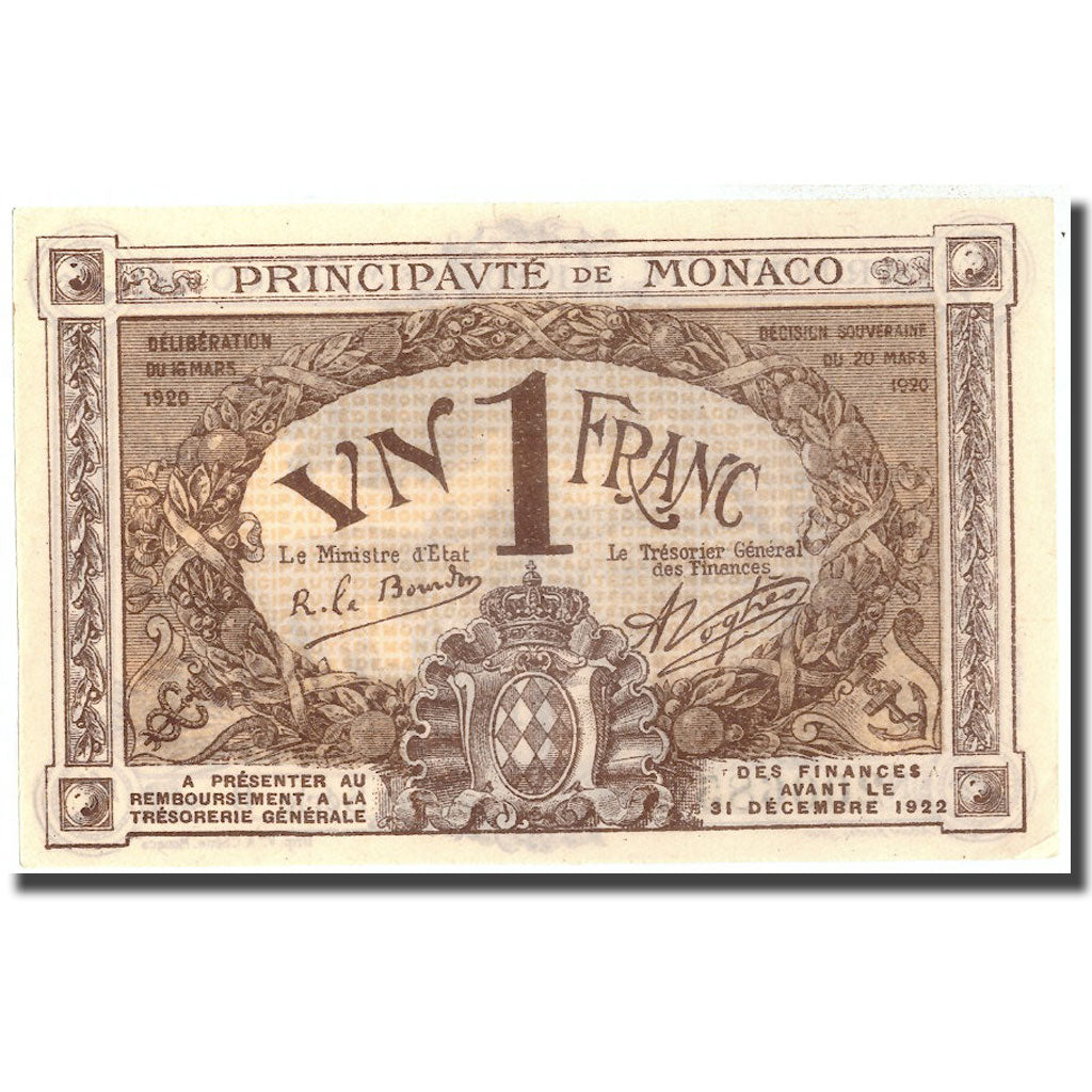 Banknote, Monaco, 1 Franc, 1920, 1920-03-20, KM:4b, AU(55-58)