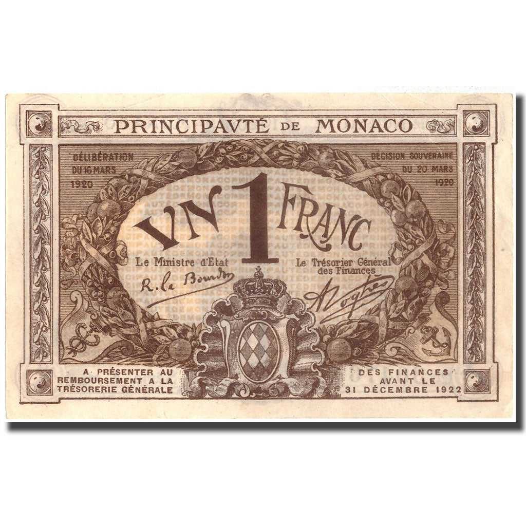 Banknote, Monaco, 1 Franc, 1920, 1920-03-20, KM:4a, AU(55-58)