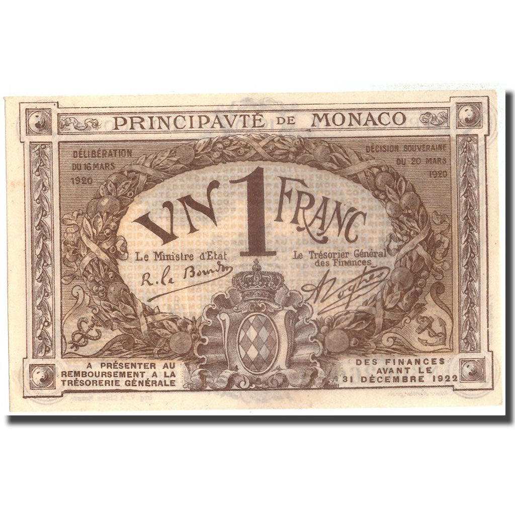 Banknote, Monaco, 1 Franc, 1920, 1920-03-20, KM:4a, AU(55-58)